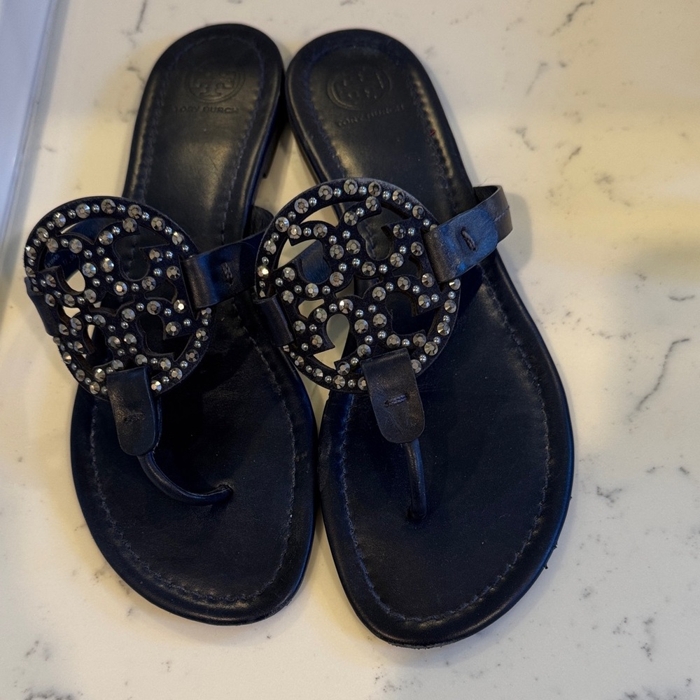 Tory Burch Black Sandals with Silver Accents